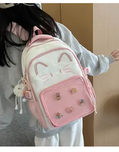 Cute pink cat ear backpack with clear front pocket daily school student casual daypack bag