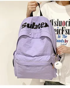 Zaino in tela casual viola chiaro grande capacità borsa scolastica con simpatico ciondolo in peluche
