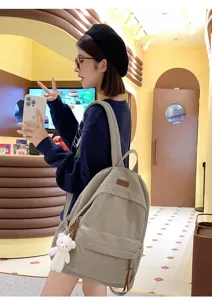 Stylish corduroy backpack casual school bag travel daypack with cute bear pendant