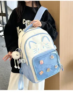 Cute cat ita bag Japanese style y2k student backpack with clear front pocket and plush charm