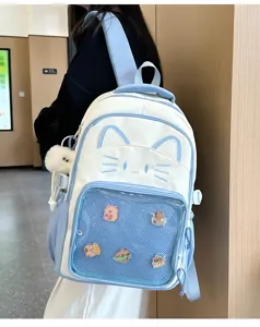 Detailed view of the cute cat-style backpack with clear front pocket and plush charm.