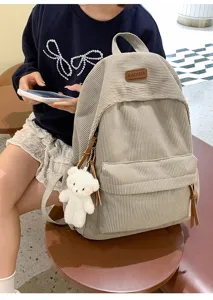 Corduroy backpack for women, aesthetic school bag with cute bear pendant for travel daily use