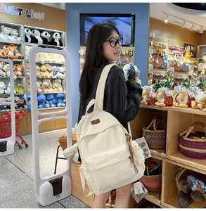 White corduroy backpack detail view, stylish casual school bag for women and daily travel use.