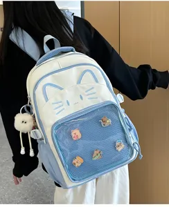 Cute Japanese style cat ear ita backpack with clear front pocket, large capacity student bag.