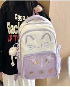 Cute cat ita backpack college style white purple school bag clear window double strap
