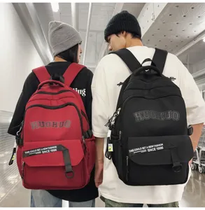 Detailed view of large capacity retro college style backpack with clear print and pockets.