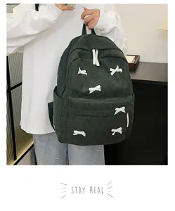 Japanese vintage corduroy backpack for women, cute bow student school bag casual daypack