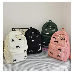 Cute corduroy school backpack with lovely bow decorations casual multi-color daypack