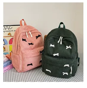 Corduroy backpack cute student school bag casual daily daypack with bows pink and green