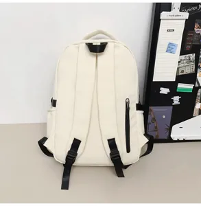 Retro casual canvas backpack detail, student school bag with side zipper pocket and straps.