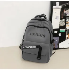 Classic grey college style backpack detail, large capacity canvas school bag for students.
