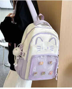 Cute cat ear ita backpack with transparent mesh pocket, stylish college style daypack.