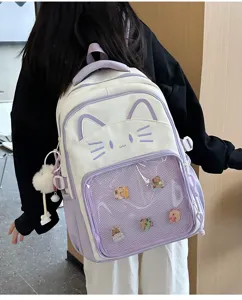Details of cute cat ita backpack, white and purple aesthetic school style daily bag.