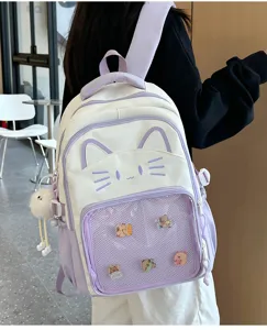 Cute cat design casual school backpack with transparent mesh pocket for daily use and pins.