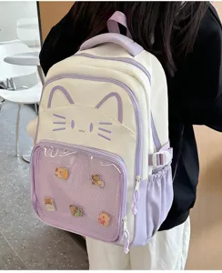 Cute cat ear college style backpack large capacity ita bag with transparent front pocket.
