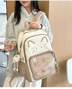 Cute cat ita bag with transparent mesh window, stylish millennial backpack for students and daily wear.