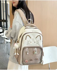 Detailed view of cute cat design ita backpack in beige tone with transparent pocket and charms.