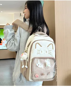 Cute Japanese style cat itabag backpack with clear pocket, Y2K student school bag large capacity.