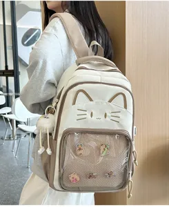 Close-up of the cute cat ear ita bag backpack worn by model in cafe, detailed transparent pocket.