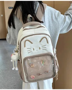 Cute cat ita bag large capacity backpack with transparent front pocket and cat ears design