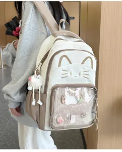 Japanese style cute cat design backpack large capacity transparent window pain bag school