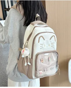 Cute cat ear design detail shot of the transparent window backpack with lovely plush pendant.