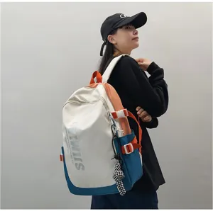Detail view of the large capacity colorblock casual backpack, perfect for daily use.