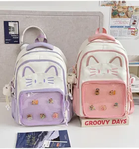 Cute cat ears canvas backpack with mesh front pocket for pins, sweet style school book bag.