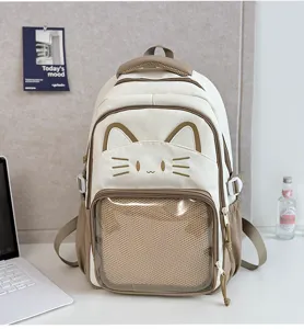 Cute cat ita backpack detail view, featuring clear front mesh window, beige and brown tones.