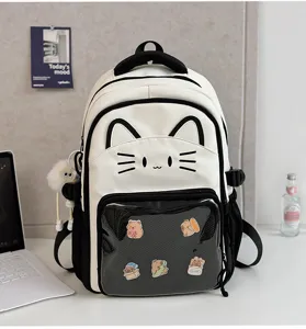 Cute Japanese style cat design pain backpack with clear pocket large capacity student school bag.