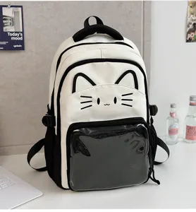 Cute Japanese style cat backpack with clear ita pocket for pins and daily student book bag.