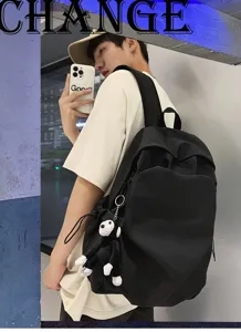 Detailed shot of Korean style minimalist black backpack showing large capacity and daily use style.