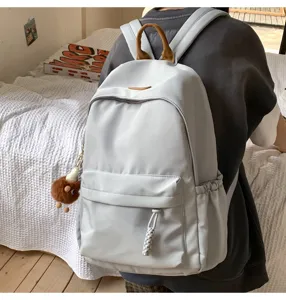 Korean Style Casual School Backpack Light Gray Student Daypack Book Bag For Daily Use