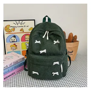 Green corduroy backpack for women, cute bow design casual school daypack casual bag.