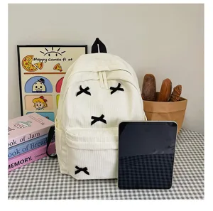 White corduroy backpack for women, cute bow knot casual school bag, minimalist daily daypack.