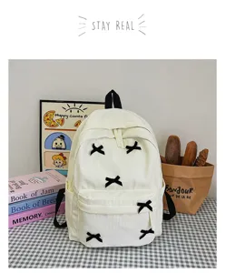 Japanese ins style white corduroy backpack cute student casual book bag with black bows