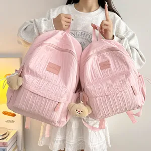 Women Lightweight Nylon Pleated Backpack Casual Solid Color School Bookbag Travel Daypack With Bear Pendant