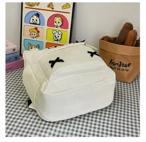 Japanese ins style white corduroy backpack for women, minimalist cute aesthetic school bag.