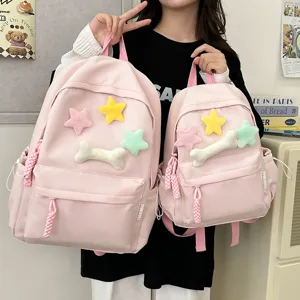 Cute pink student backpack set with plush star and bone charms casual daypack for teens