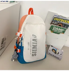 Details of the color block casual backpack with spacious compartment and multi pockets design.
