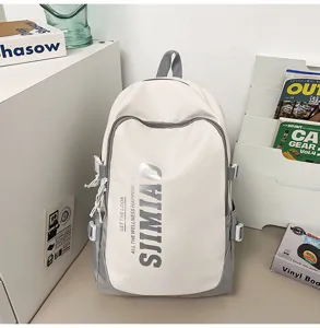 Large capacity casual campus backpack in grey and white with stylish letter print for daily commute.