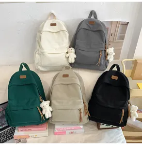 Large capacity corduroy backpack for women and students cute school bag with bear pendant.