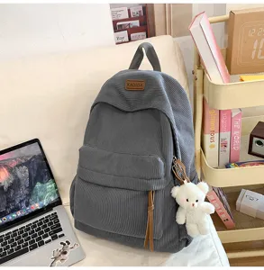 Grey corduroy backpack detail shot, highlighting soft fabric, front pocket design, and white bear.