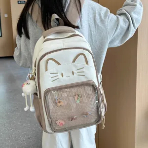 Cute Cat Ita Backpack Preppy Style Nylon School Bag With Transparent Window Casual Daypack For Women