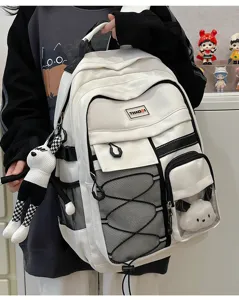 Large capacity utility style school backpack for students white and black design details