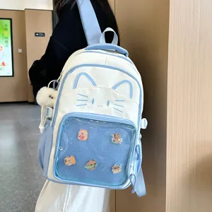 Cute cat style college casual backpack with transparent front pocket for daily use.