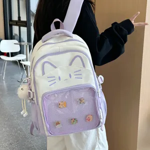 Cute college style cat ear ita backpack with clear front pocket for daily use and pins display.