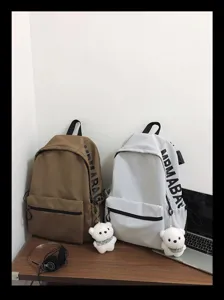 Casual solid color backpack with cute bear pendant and stylish side letter print for daily use