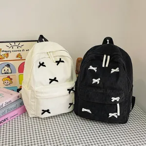 Japanese Style Corduroy Backpack For Women Girls Cute Bowknot Casual School Bag Minimalist Travel Daypack