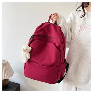 Casual solid color large capacity backpack with cute bear pendant for daily school travel student
